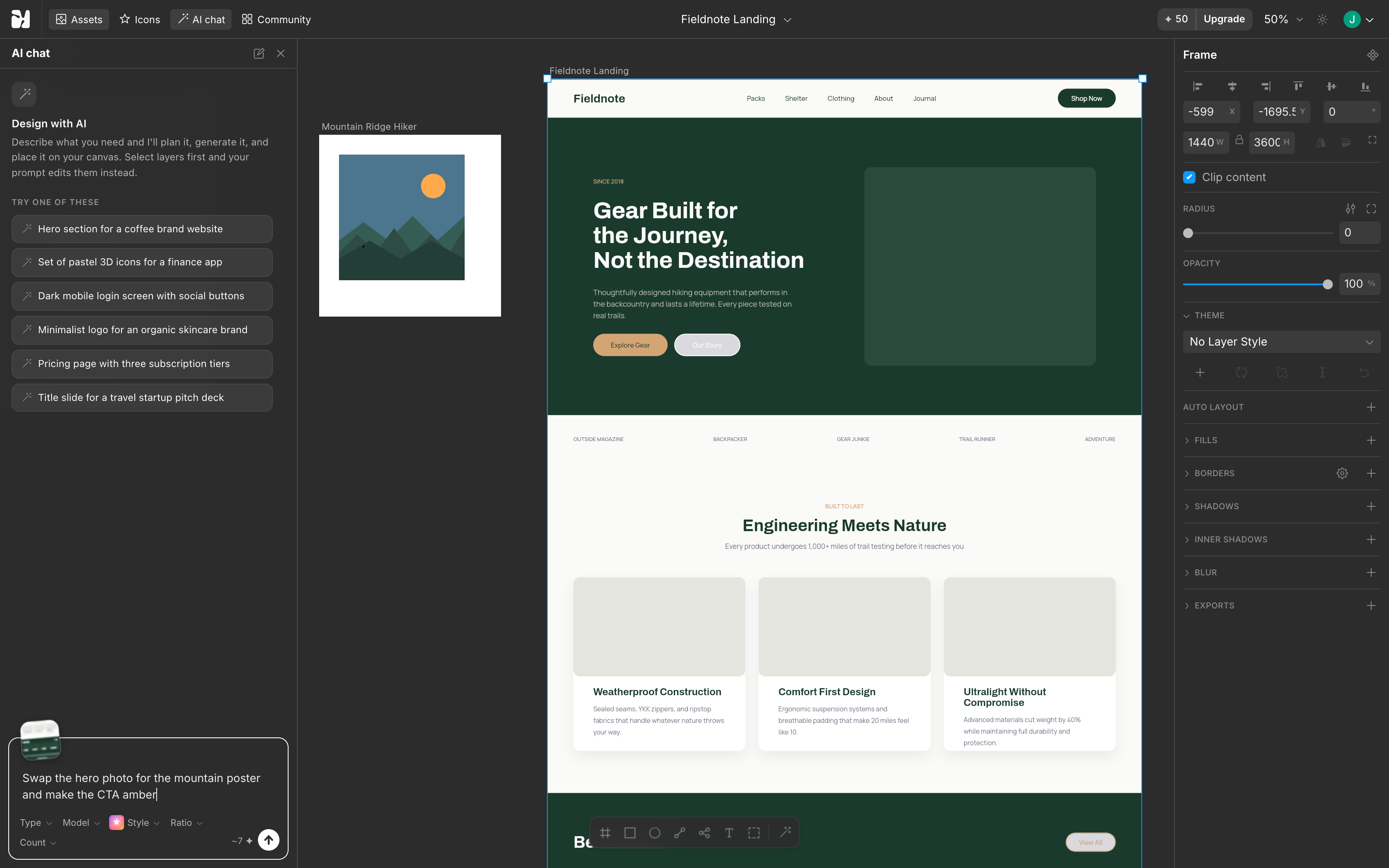 The AI chat panel next to a generated landing page, with a follow-up edit prompt attached to the selection