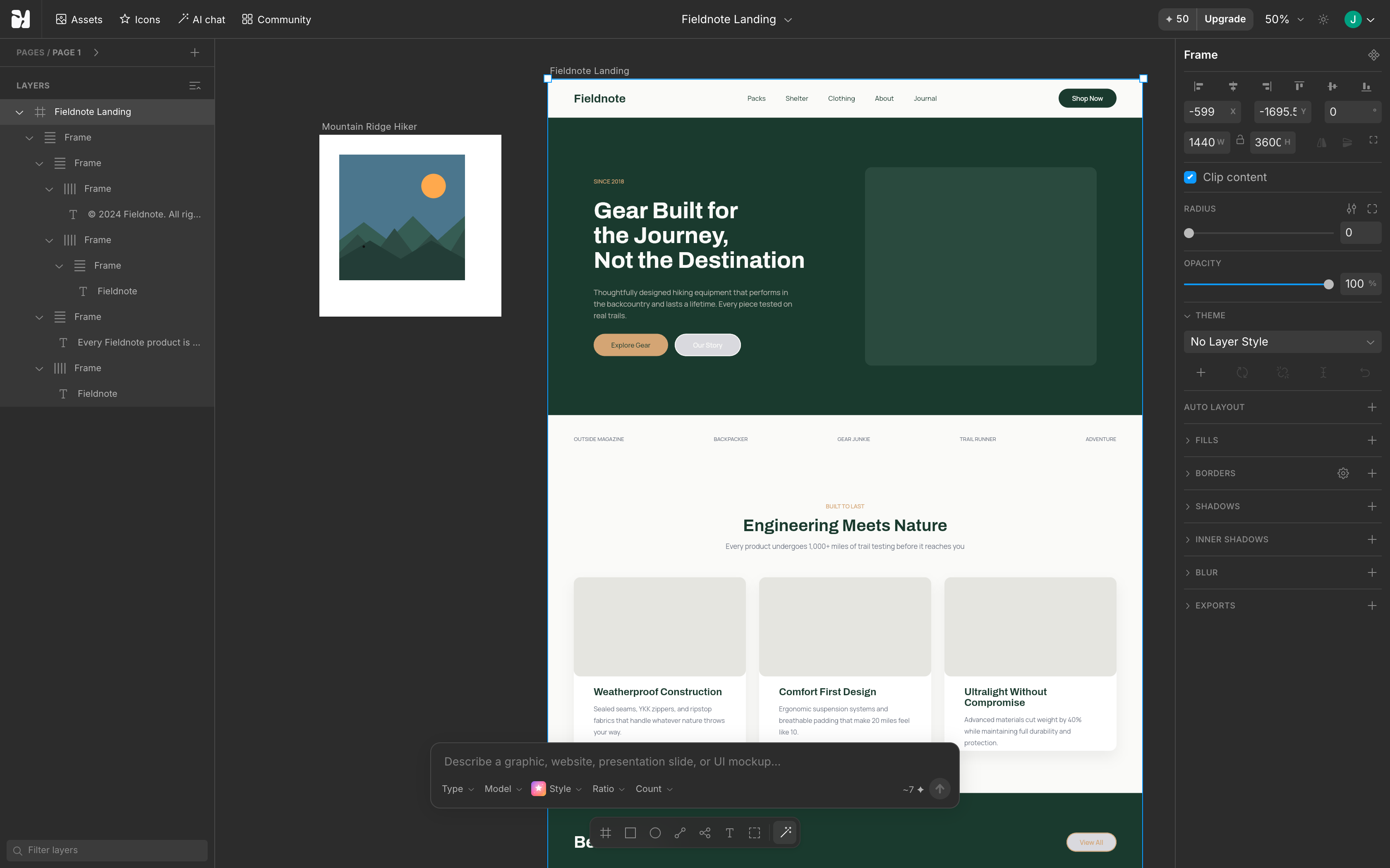The Craftwork Make editor: an AI-generated landing page and a vector poster as editable layers on the canvas